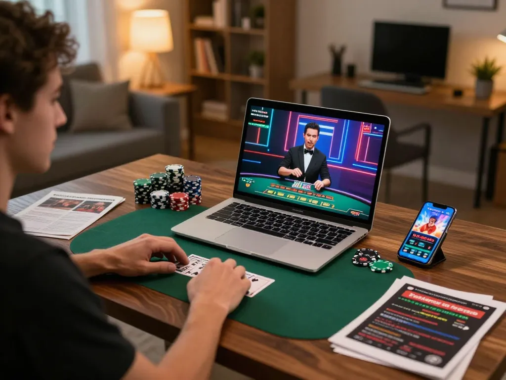 Engaging in a live casino game online with vibrant dealer interaction on a laptop screen.