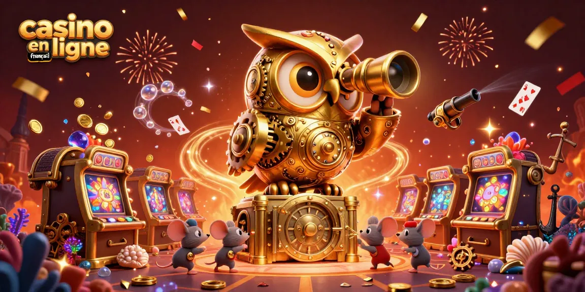 Découvrez le casino en ligne français avec une scène animée de machines à sous et des personnages amusants.