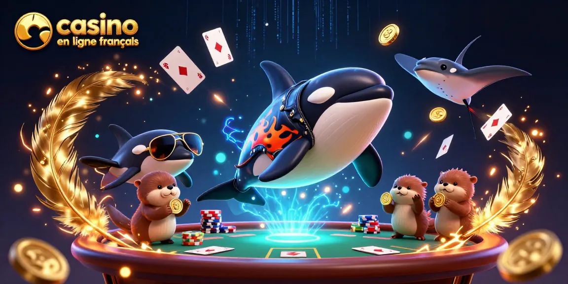Illustration captivante de casino en ligne français avec des personnages marins jouant aux cartes et de l'argent doré.