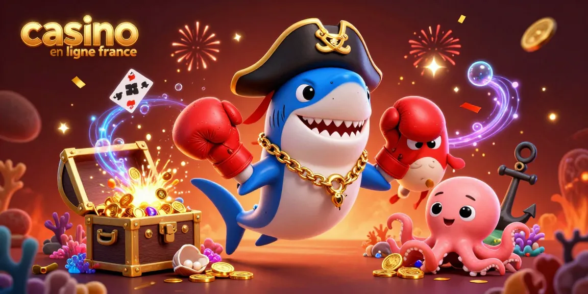 Découvrez une scène animée de casino en ligne France, avec des personnages marins célébrant en s'amusant avec des pièces d'or.