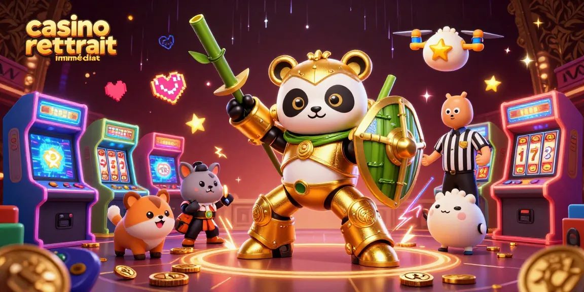 Un instant privilégié dans un casino avec un retrait immédiat, mettant en scène un panda doré en armure et des éléments de jeu captivants.