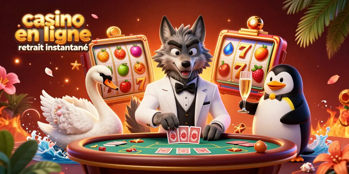 Image captivante d'un casino en ligne retrait instantané avec un loup élégant au baccarat, une croupière cygne et un sommelier pingouin.