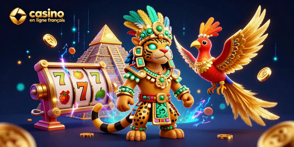 Vivez l'expérience immersive d'un casino en ligne français avec un prêtre jaguar et des symboles de jackpot.