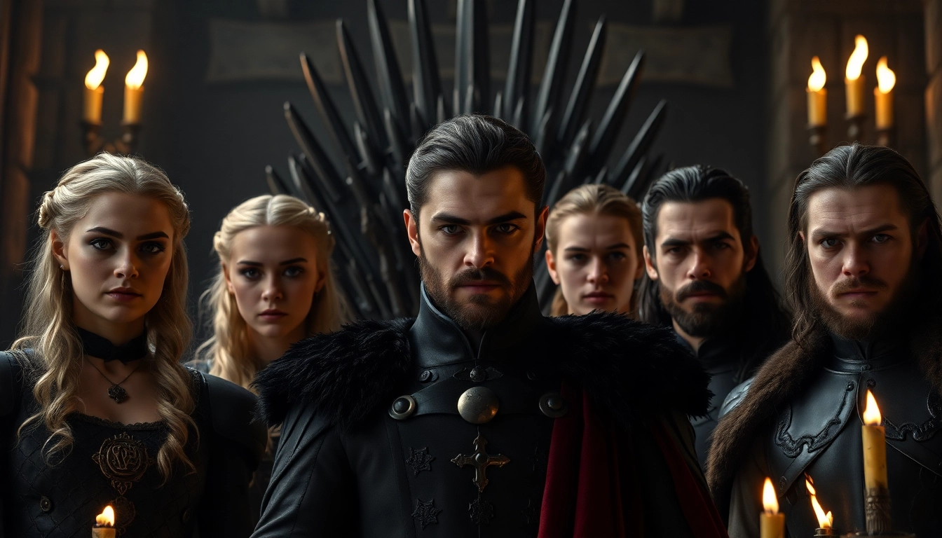 Game of Thrones cast featuring iconic characters in a dramatic medieval setting.