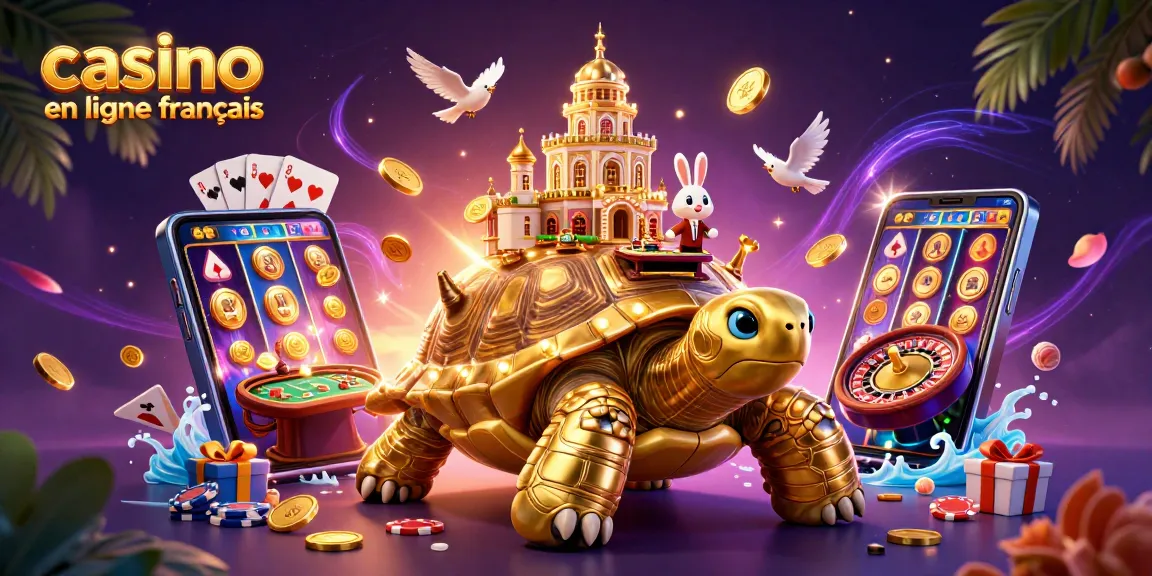 Illustration dynamique avec tortue dorée et casino sur sa carapace explorant les jeux de casino en ligne français.