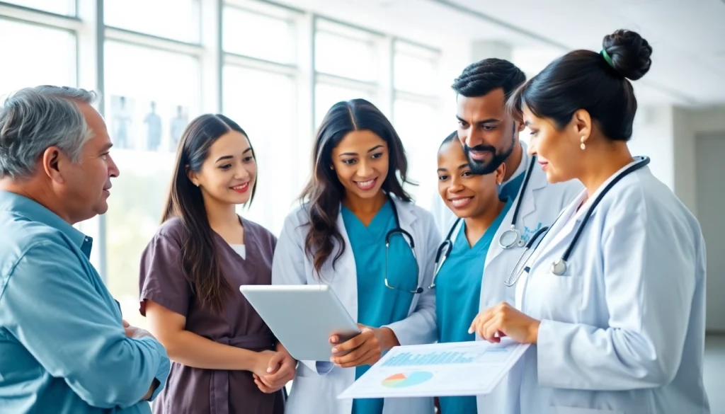 Healthcare professionals discussing patient health data in a modern hospital setting focused on Health.