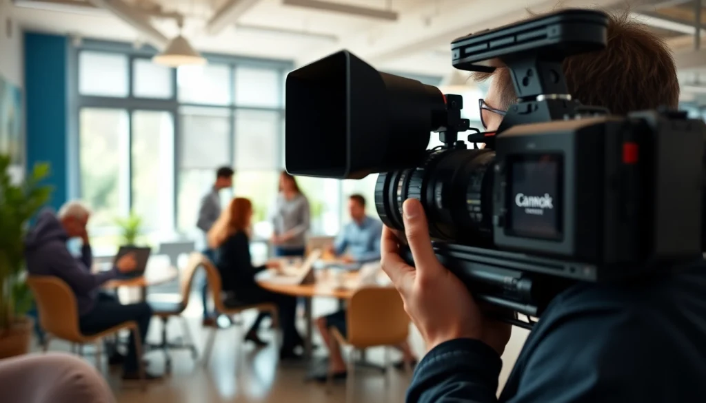 Showcasing vibrant commercial videography in action with a professional videographer capturing a team meeting.