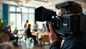 Showcasing vibrant commercial videography in action with a professional videographer capturing a team meeting.