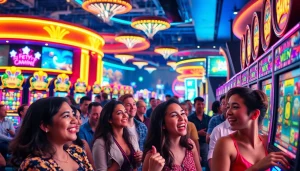 Pemain menikmati slot online dengan antusiasme di kasino yang penuh warna.