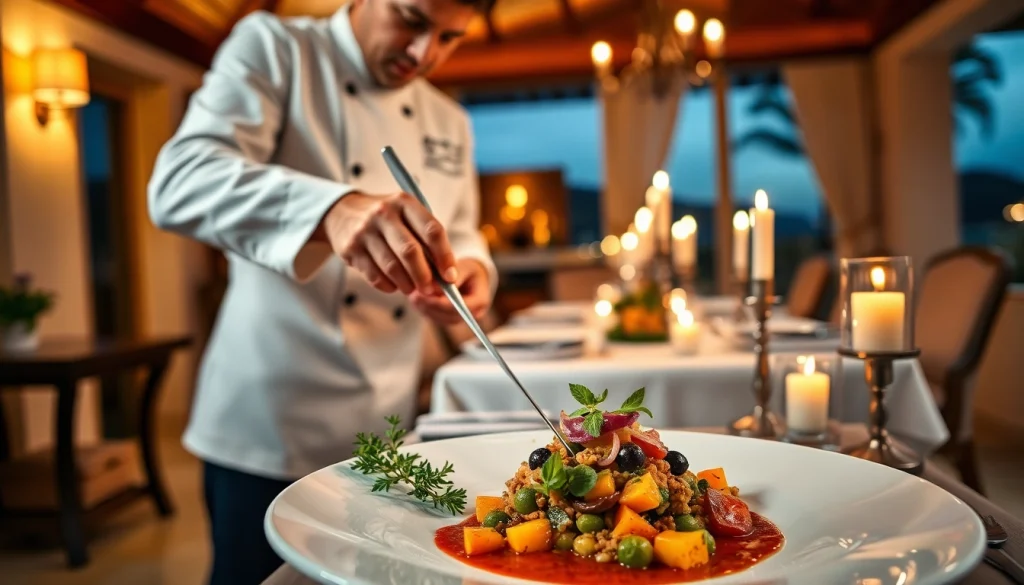 St Martin Private Chef expertly plating a gourmet dish in a luxurious villa setting.