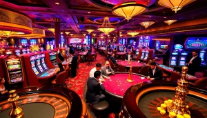 Casino gaming scene featuring KJC brand elements, showcasing vibrant tables and exciting players.