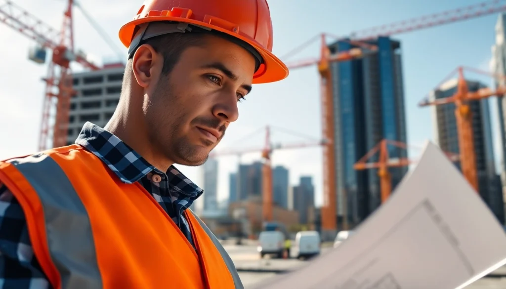New York Construction Manager reviewing blueprints on an active construction site.