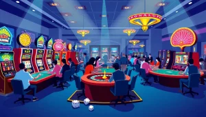 KJC AC 3 casino scene with players enjoying poker and slots.