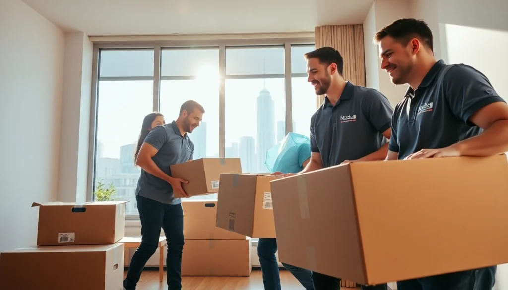 Toronto movers expertly packing and moving boxes in a bright city apartment setting.