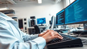 Technician repairing devices in a modern workspace showcasing computer services expertise.