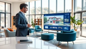 Showcasing a professional real estate agent giving a virtual tour in a modern office environment.