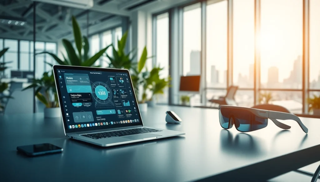 Technology workspace featuring innovative devices and a bright atmosphere