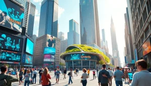 Showcasing Technology, a busy cityscape with modern devices and innovative architecture.