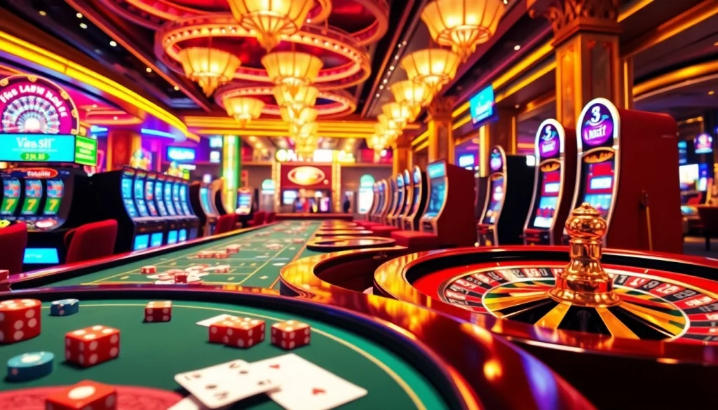 Experience the excitement of link rr88 through vibrant casino visuals featuring roulette, slots, and poker tables.