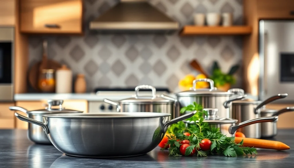 Showcasing high-quality cookware including a sleek skillet in a stylish kitchen setting.