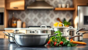 Showcasing high-quality cookware including a sleek skillet in a stylish kitchen setting.