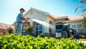 Soft wash technician cleaning a home's exterior in Kissimmee, FL, showcasing eco-friendly techniques.