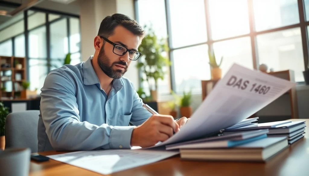 DAS 140 form completion by a contractor in a bright office setting.