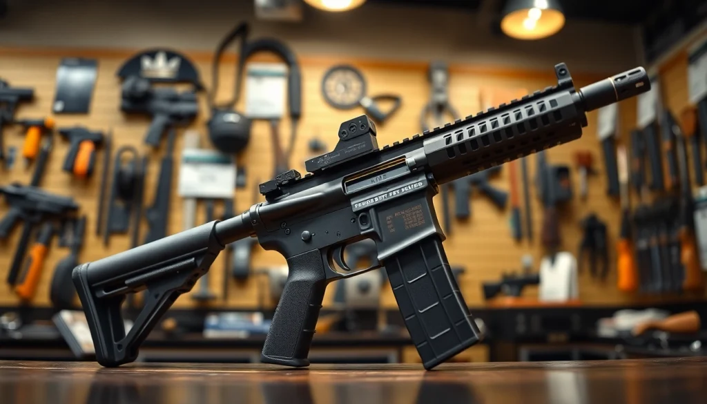 View of a forced reset trigger AR 15 with detailed craftsmanship in a bright gun shop setting.