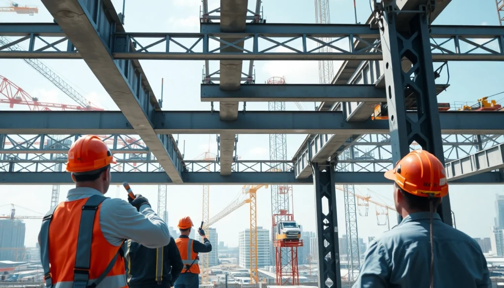 Workers engaged in structural steel installation on a bustling construction site with cranes and safety equipment.