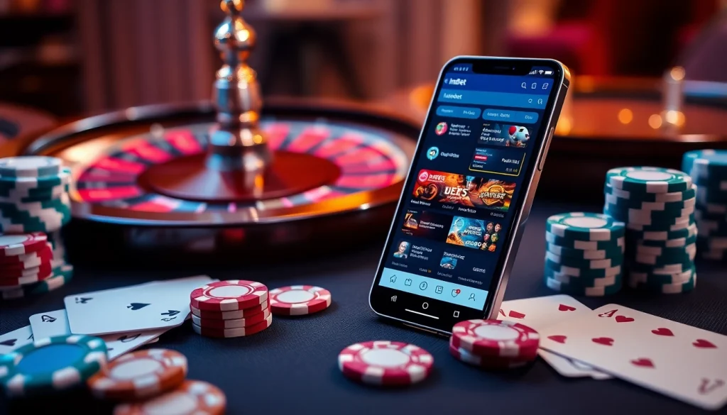 The Indibet betting app displayed on a smartphone surrounded by casino elements for an immersive betting experience.