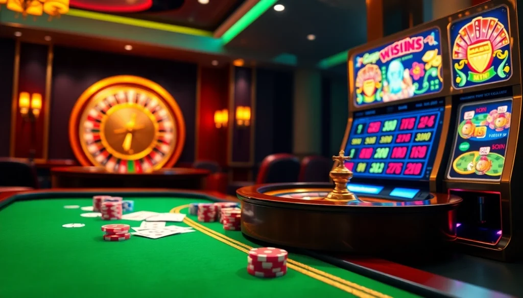 Experience the vibrant atmosphere of Trang chủ S88VIP with elegant casino elements like roulette, poker chips, and stylish design.