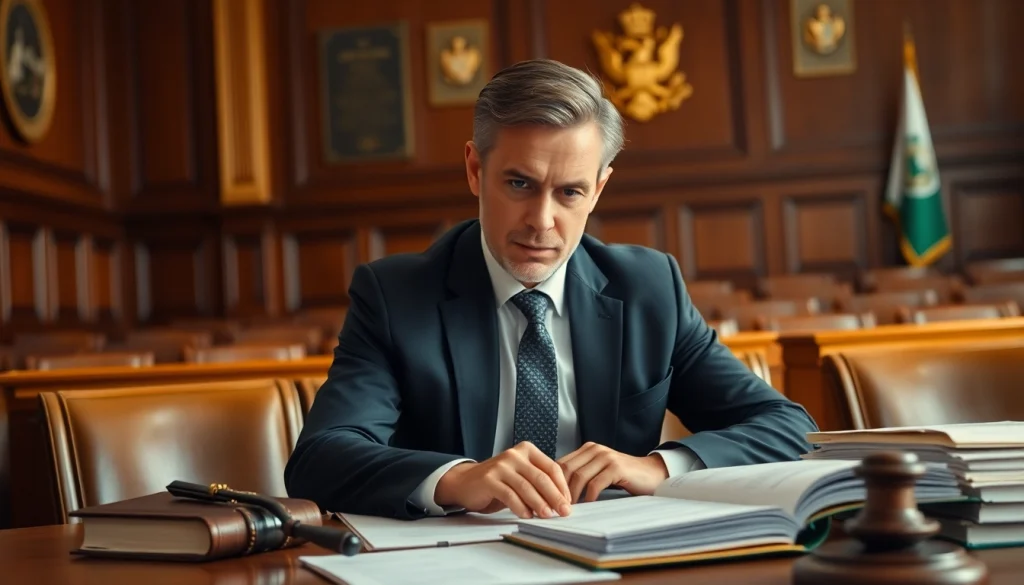 Environmental lawyer analyzing case files in a courtroom, showcasing commitment to environmental law.