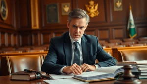 Environmental lawyer analyzing case files in a courtroom, showcasing commitment to environmental law.