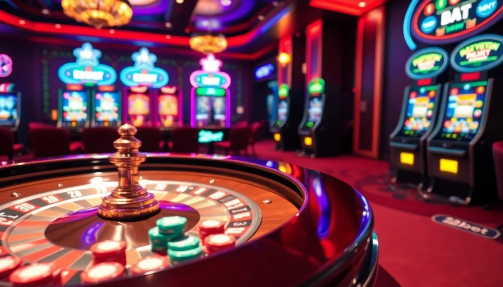 Experience the thrill of gambling with 12bet's vibrant casino scene featuring roulette and slot machines.