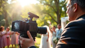 Videographer skillfully capturing moments at an outdoor wedding event.