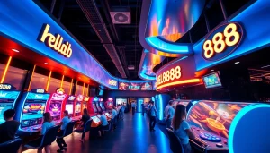 Hello88 gaming atmosphere with neon lights and excited patrons in a modern setting.