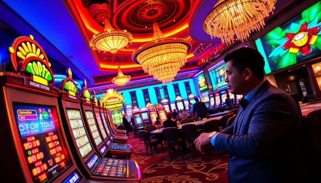 A lively gaming scene showing enthusiastic players at agen toto slot machines in a luxurious casino.