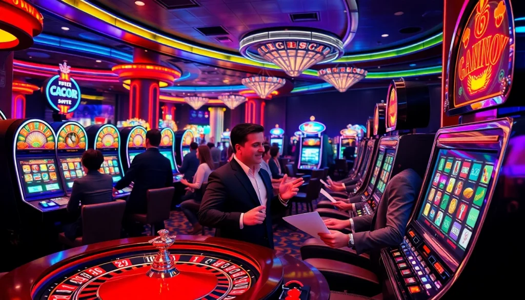 Experience Slot Gacor thrills with players winning big at vibrant casino slot machines.