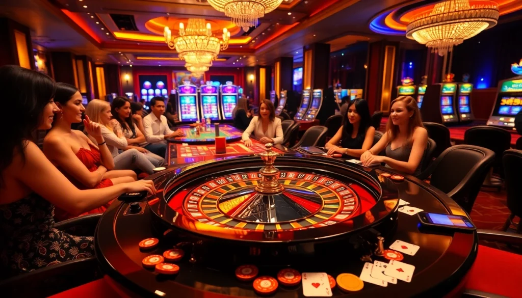 Players enjoy a thrilling roulette game at https://rr88.wales/ in a luxurious casino setting.