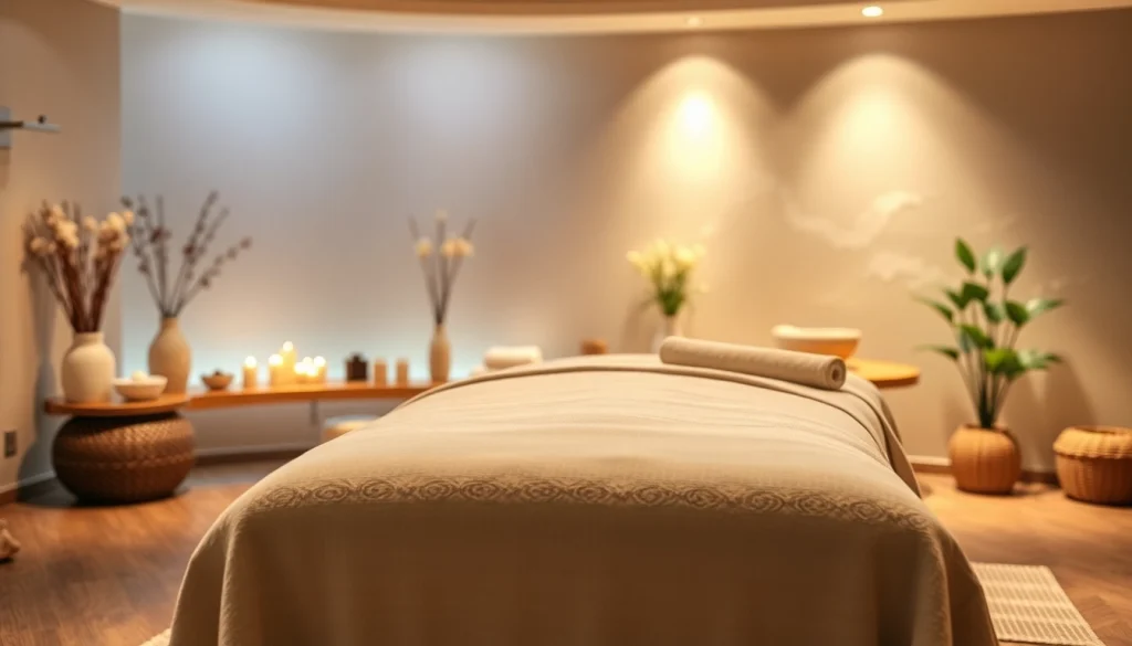 스웨디시 마사지 테이블이 놓인 편안한 스파 환경을 강조한 사진