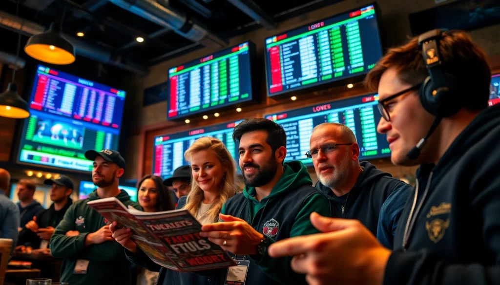 Engaged group analyzing Alabama sports betting odds at a lively sports bar atmosphere.