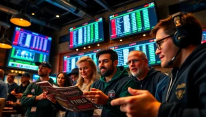 Engaged group analyzing Alabama sports betting odds at a lively sports bar atmosphere.