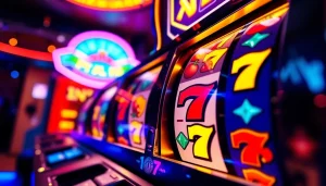 Slot hoki gameplay featuring vibrant slot machine reels with symbols of luck and excitement.