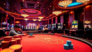 Exciting casino scene with poker players, slot machines, and vibrant gambling action related to Nếu như vậy bám vào đây.
