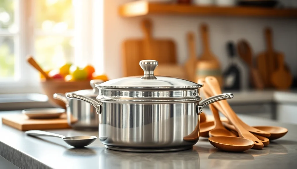 Showcasing a polished stainless steel cookware NZ set on a bright kitchen countertop, highlighting elegance and practicality.
