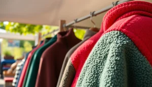 Fleece jassen in een gezellige marktscene, stralend met herfstkleuren en natuurlijke achtergronden.