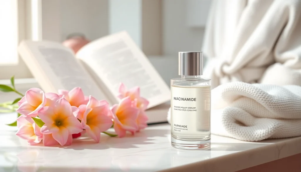 Revitaliserande niacinamidserum visas upp i en fridfull hudvårdsmiljö som väcker välbefinnande.