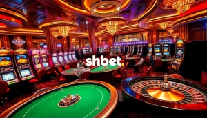Experience shbet com with an exciting casino scene showcasing poker chips and vibrant slot machines.