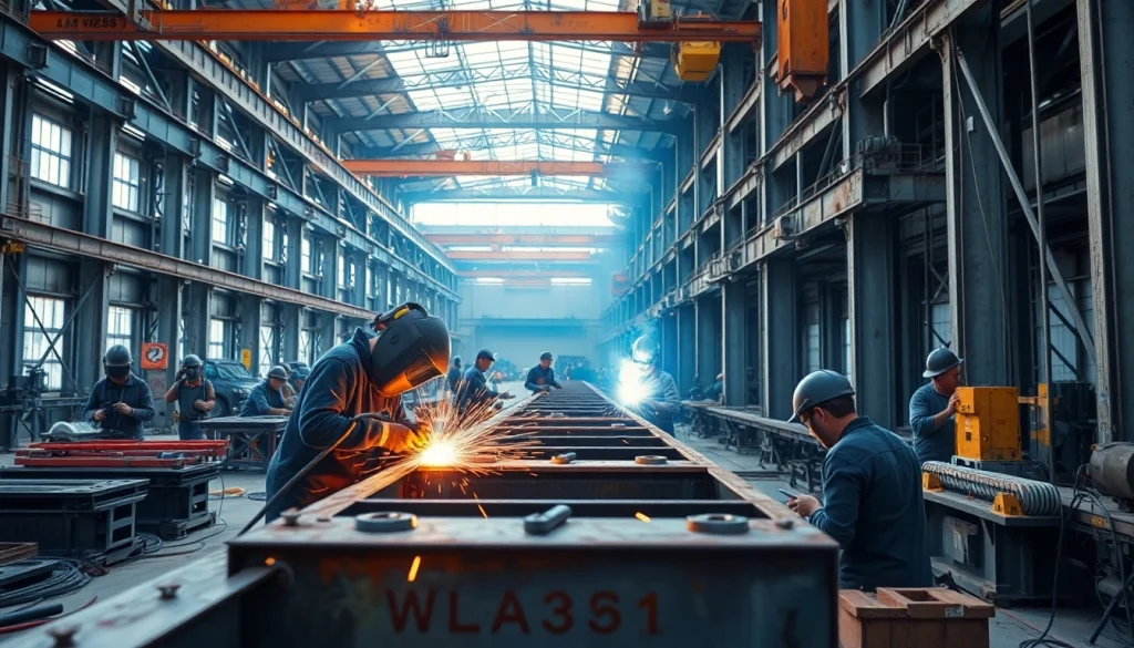 Structural steel welding showcases skilled welders working on beams in a bustling industrial environment.
