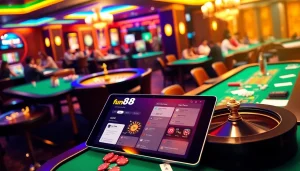 Gamblers accessing the Fun88 link on a tablet surrounded by casino action and colorful decor.